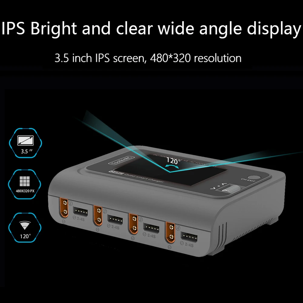 ToolkitRC Q4AC charger XT60 Adapters IPS Bright Clear Wide Angle Display 4x50w 5A AC 100W 4 Port DC Smart Discharger AC DC