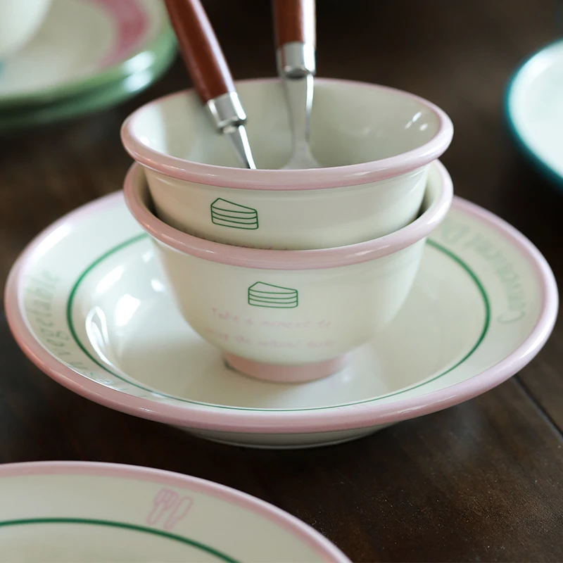 Ceramic Tableware Set Dinner Plate Rice Bowl Dishes Cute Simple Letter Printing Round Plate Home Party Tableware Warmhouse Gift
