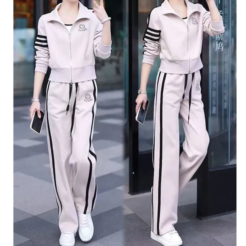 여성 봄, 가을 2025 새로운 서구화 패션 스웨터 재킷 넓은 다리 바지 2 2 조각 세트에 대한 레저 운동복 정장