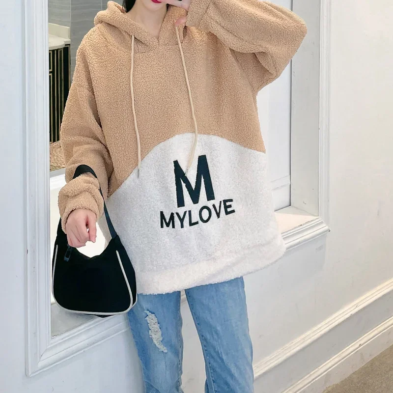 Women Autumn Winter Korean Style Loose Casual Sweatshirt Lamb Hair Plus Velvet Padded Hooded Pullover Letter Print Jumper Tops