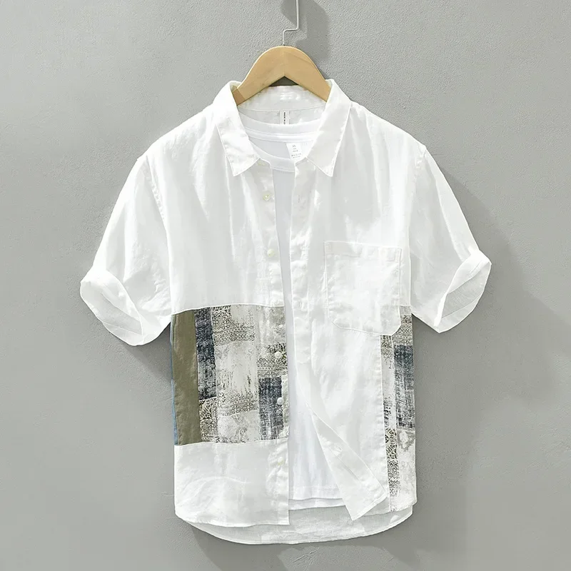 

Рубашка мужская с отложным воротником, Повседневная блуза из чистого льна, на пуговицах, с коротким рукавом, модная одежда в стиле пэчворк, лето
