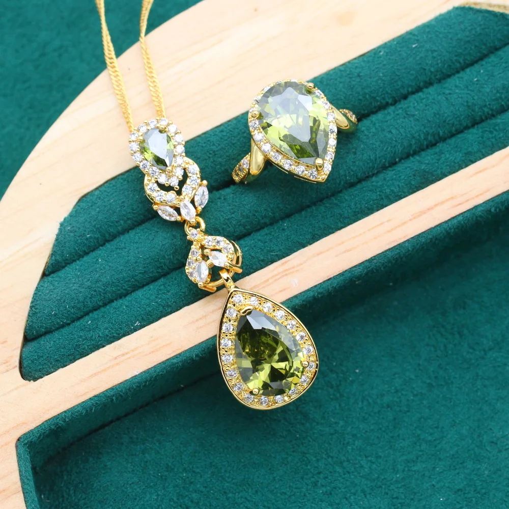 Olive Green Zircon Gold Color Jewelry Sets for Women Birthday