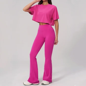 Yoga Set 2 Pieces Gym Clothes Women Sportswear T-Shirt Yoga Suits Fitness Short Sleeve Women's Tracksuits Sports Flared Leggings 1