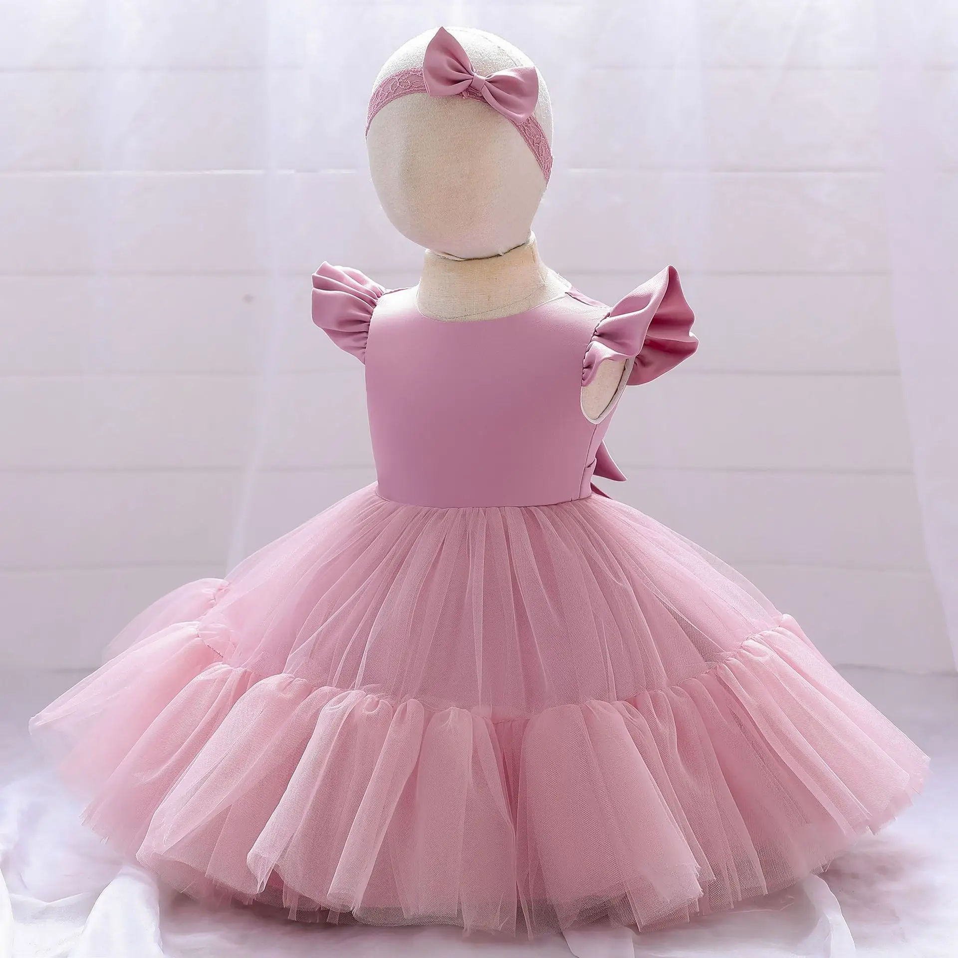 Robe bébé fille en coton côtelé à volants avec nœud dentelle épissée - X