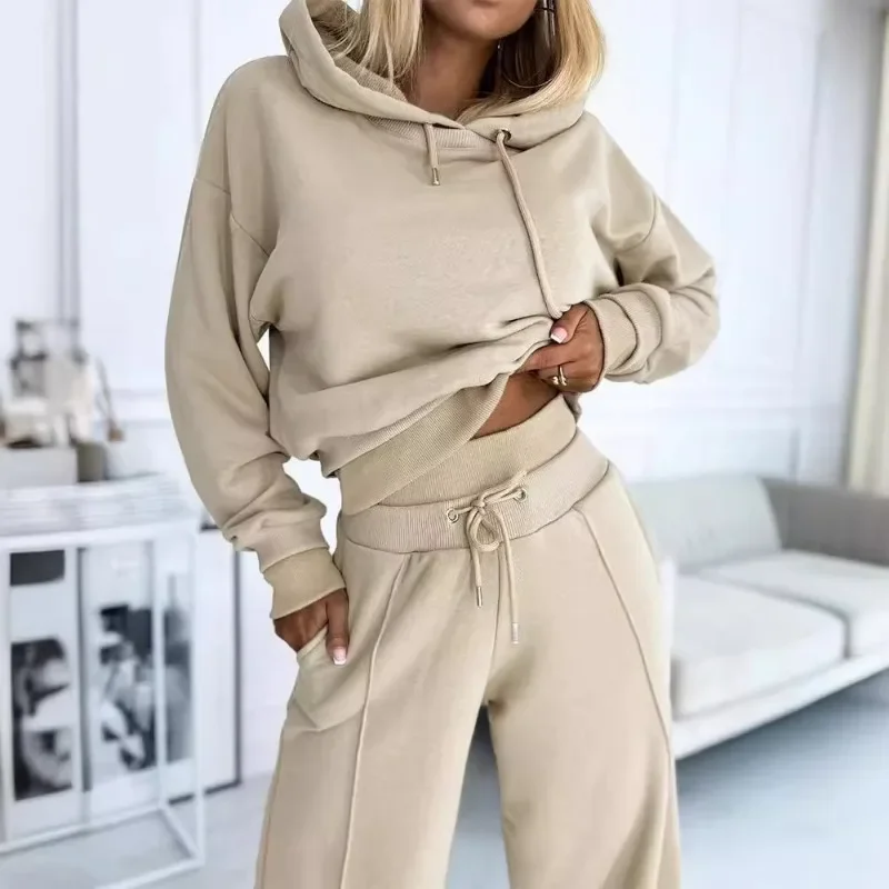 2024 Spring Autumn New Loose Sports Suit Women Long Sleeve Hooded Sweatshirt Drawstring High Waist Pocket Wide Leg Pants Suit 4