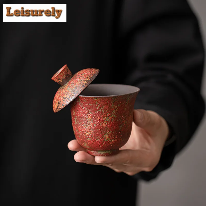 130ml Kiln Change Red Old Rock Mud Gaiwan Retro Tea Tureen Tea Bowl With Lid Kit Tea Maker Cover Bowl Kung Fu Tea Set Decoration
