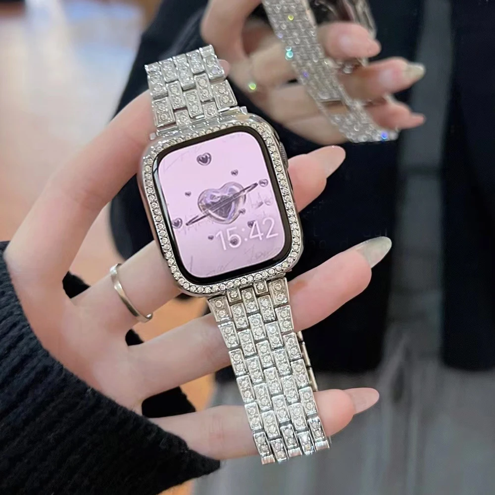 

Stainless Steel Band For Apple Watch Series 8 7 41 45mm Ultra 49mm For iWatch 6 4 se 3 5 40 38 44 42MM Lady Shiny Diamond Strap