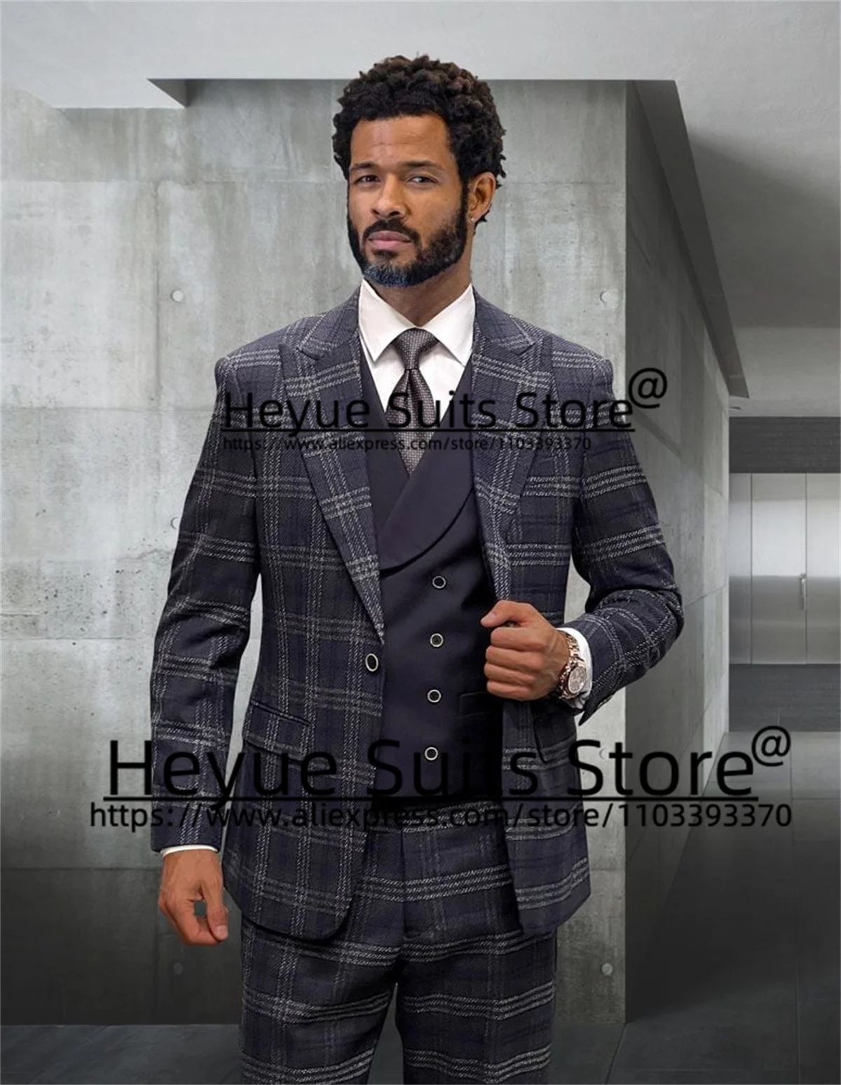 Classic Plaid Peak Lapel Men Suits Slim Fit Tailor Made Groom Prom Tuxedos 3 Pcs Sets Vintage Jacket+Double breasted Vest+pants