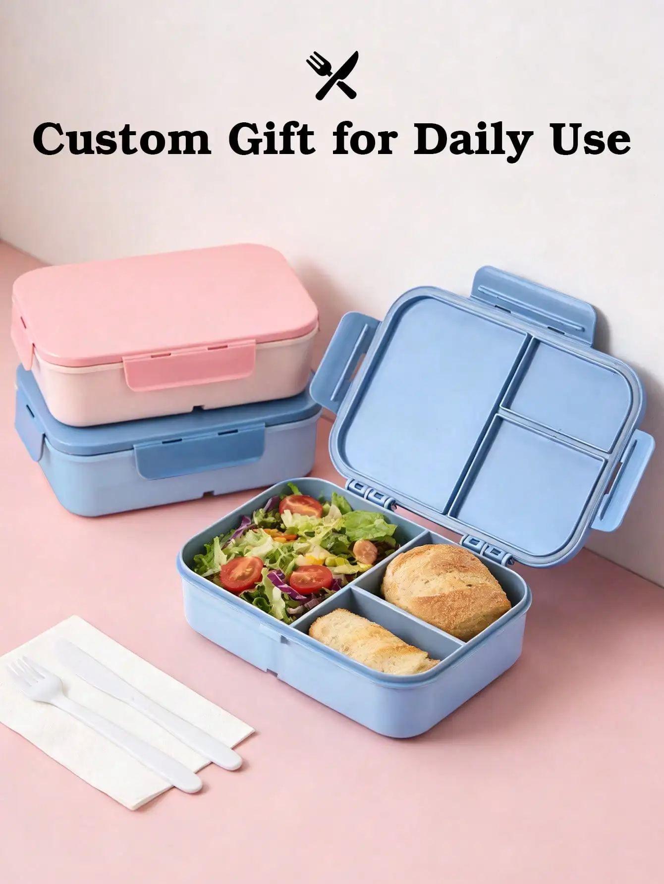 Custom Name Bento Lunch Box Portable With Fork Spoon Pink Blue Personalized Food Container For Kids Adults Work School Picnic - 2