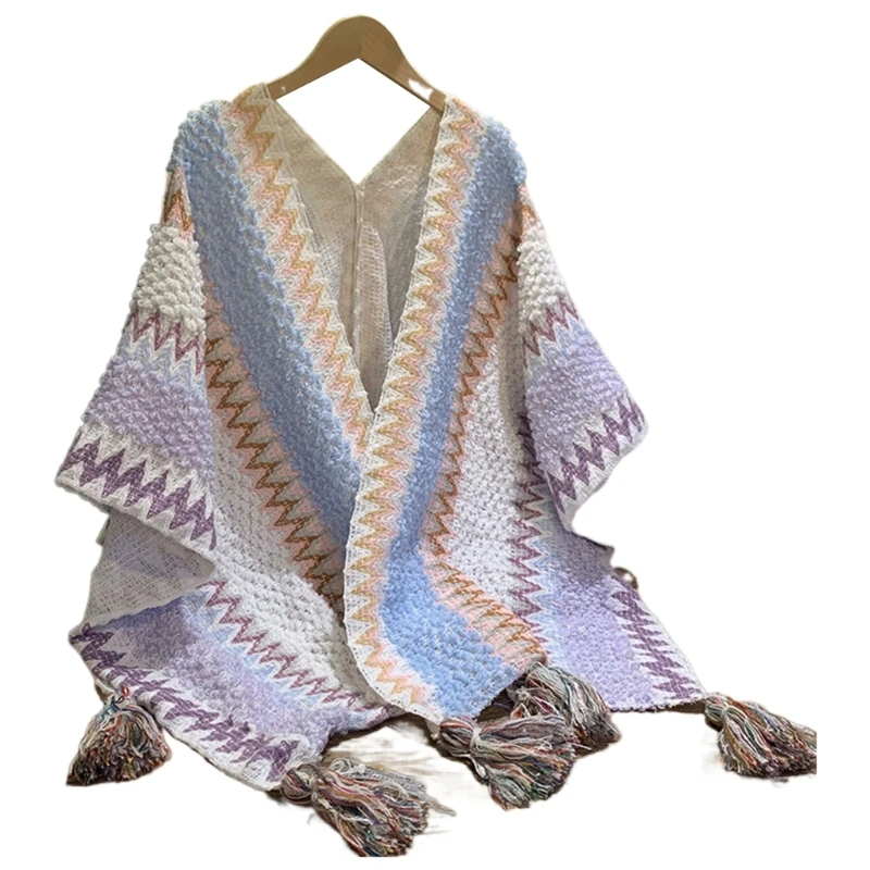 

Ethnic Knit Tassels Shawl Cloaks Kimono Cape Poncho for Travelling Bohemian Style Cape Sweater for Women Vintage Jumper