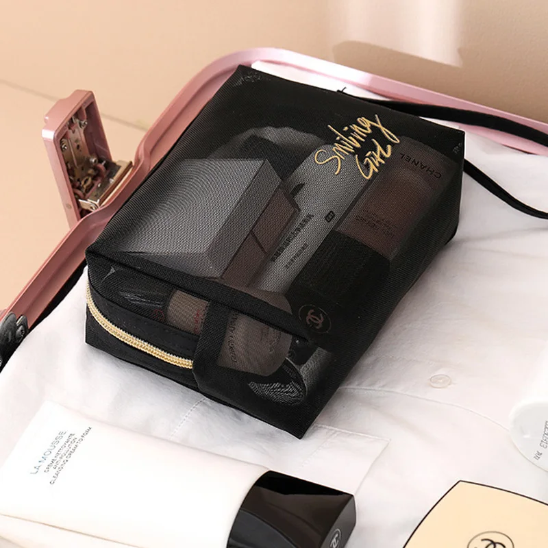 Travel Cosmetic Bag Transparent Mesh Pouch Double Layer Makeup Handbag Women'S Portable Travel Bag Toiletries Kit Organizer 3