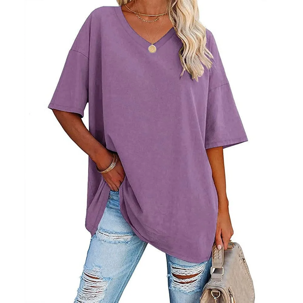 Women's Short Sleeve T Shirt - Cotton Broadcloth Polyester Fabric Top, Loose Fit Tee