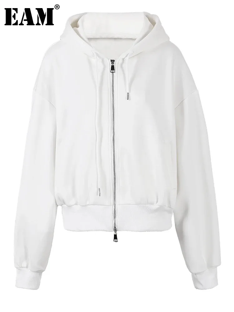 

[EAM] Loose Fit White Zipper Casual Big Size Jacket New Hooded Long Sleeve Women Coat Fashion Tide Spring Autumn 2024 CPG0831