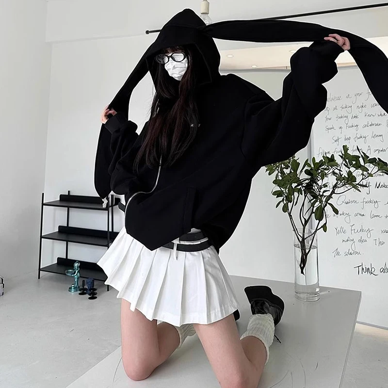 

Cute Long Ear Rabbit Black Sweater Japanese Y2K Hoodies Casual Pocket Long Sleeve Oversize Zip Loose Coat Preppy Clothing New