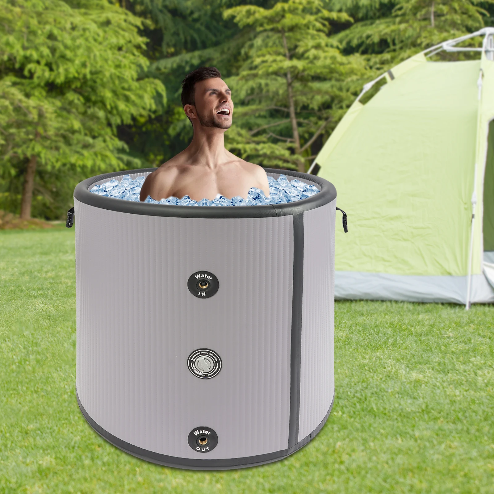 Portable PVC Ice Bathtub,380L Grey Round Inflatable Cold Bathtub Freestanding 90*76cm for Bathroom,Shower Room