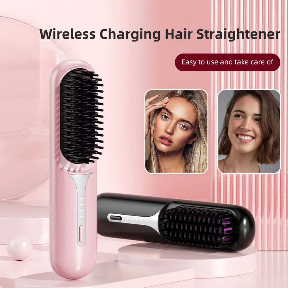 Adjustable Temperature Hair Brush Cordless Hair Straightener Brush with Fast Heating Negative Ions for Fluffy Curly for Electric 3