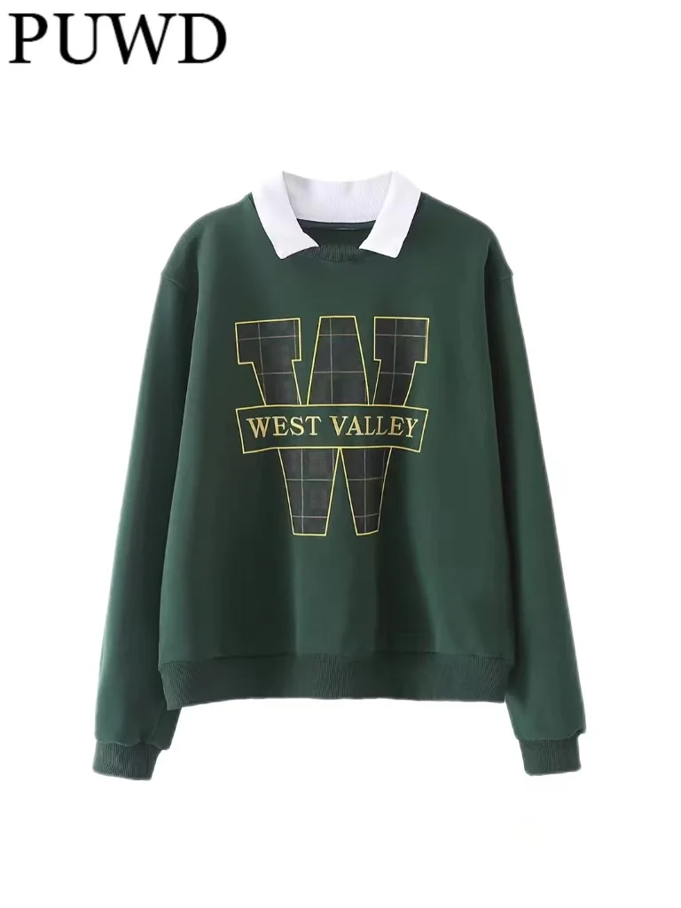 

PUWD Girls Green Letter Print Sweatshirt 2022 Summer Fashion Ladies Vintage Lapel Long Sleeve Pullover Women Cute Sweatshirts