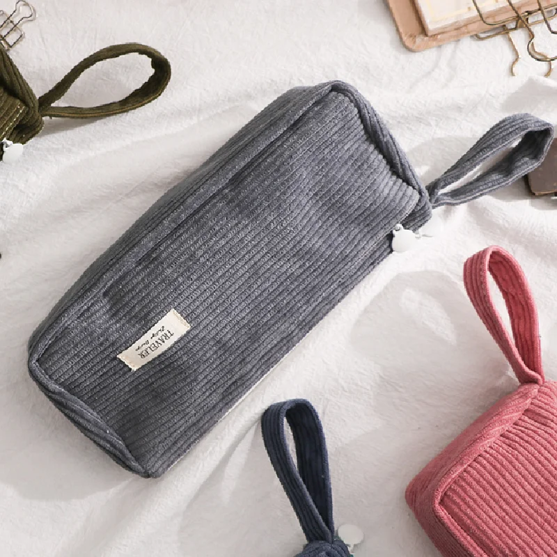 Korean Corduroy Cosmetic Bag Small Makeup Pouch Lady Portable Travel Toiletry Bag Necesserie Organizer Student Cute Pencil Case 3