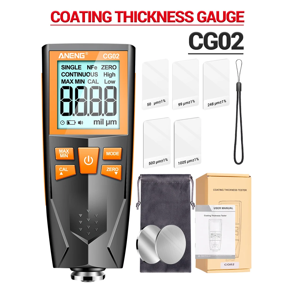 

CG02 Coating Thickness Gauge Meter Digital Backlight LCD Film Thickness Meter 0.1micron/0-1500UM Car Paint Film Measuring Tool