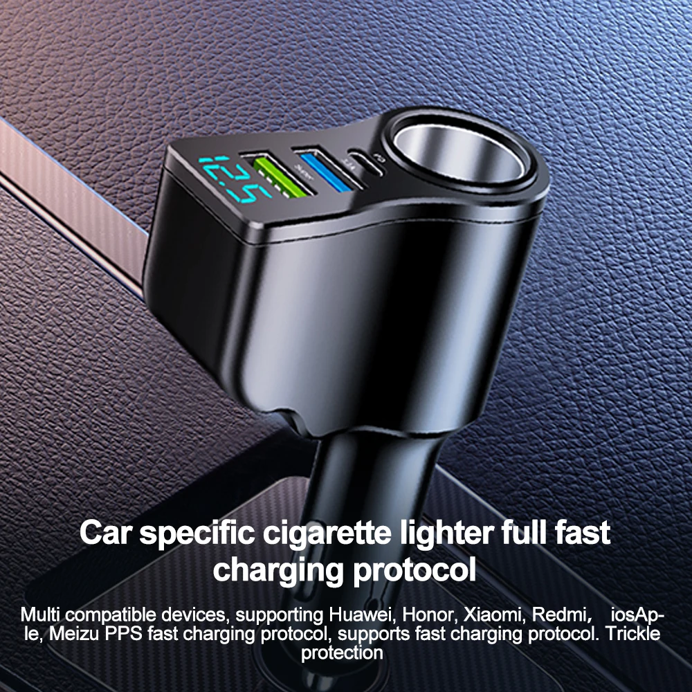4-in-1-Netzteil, Kfz-Ladegerät, Steckdosenverteiler mit 2 USB-Anschlüssen, 12 V/24 V, USB Typ C, PD, schnelles Aufladen mit Digitalanzeige – Detail 6
