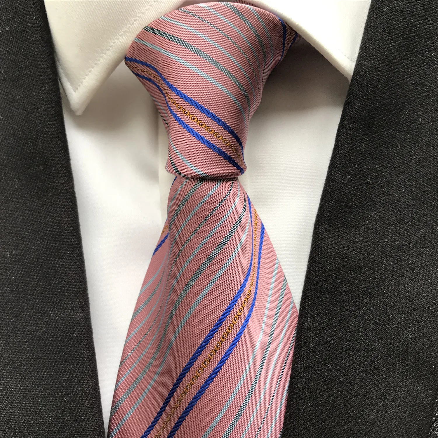 

10 cm Width New Design Men's Formal Ties Jacquard Woven Neck Tie Peach Pink with Blue Stripes Corbata Neckties