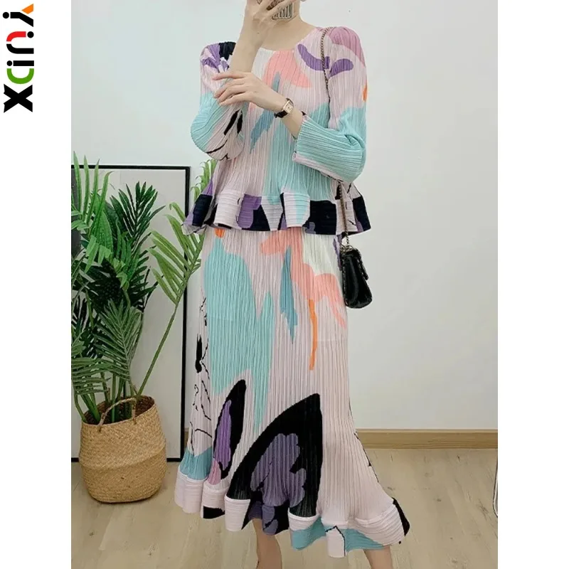

YUDX Miyake Fashion Pleated 2 Pieces Sets For Women Printing Long Sleeves Tops Elegant Ruffles High Waist Skirt 2024 Autumn New
