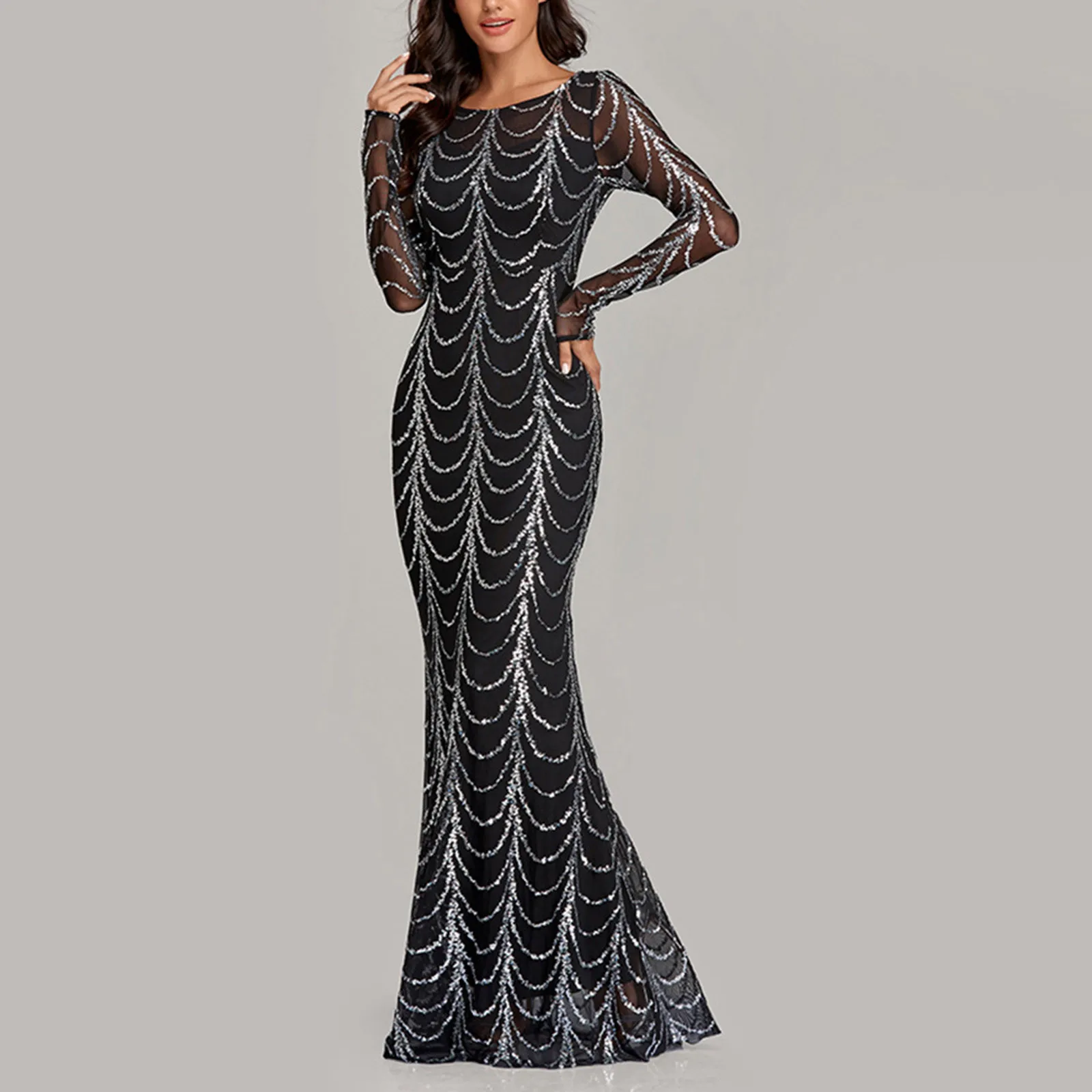 

Women Long Sleeve Prom Dress Sequin Plus Size Lace Cocktail Dress Formal Glitter Dresses Loose Evening Dresses For Women