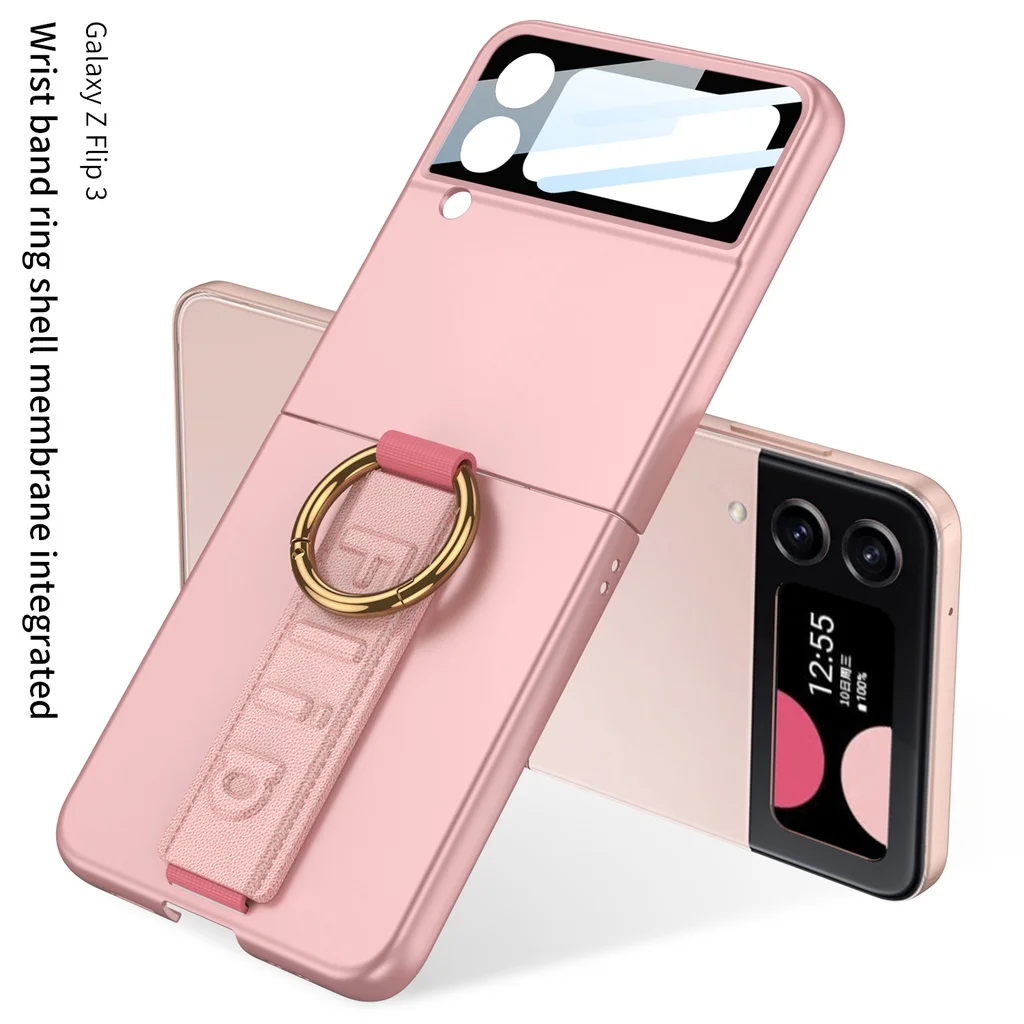 For Samsung Galaxy Z Flip 3 Case Ultra Thin Skin Friendly Matte Wrist Strap Metal Ring Bracket Mirror Film Shockproof Cover