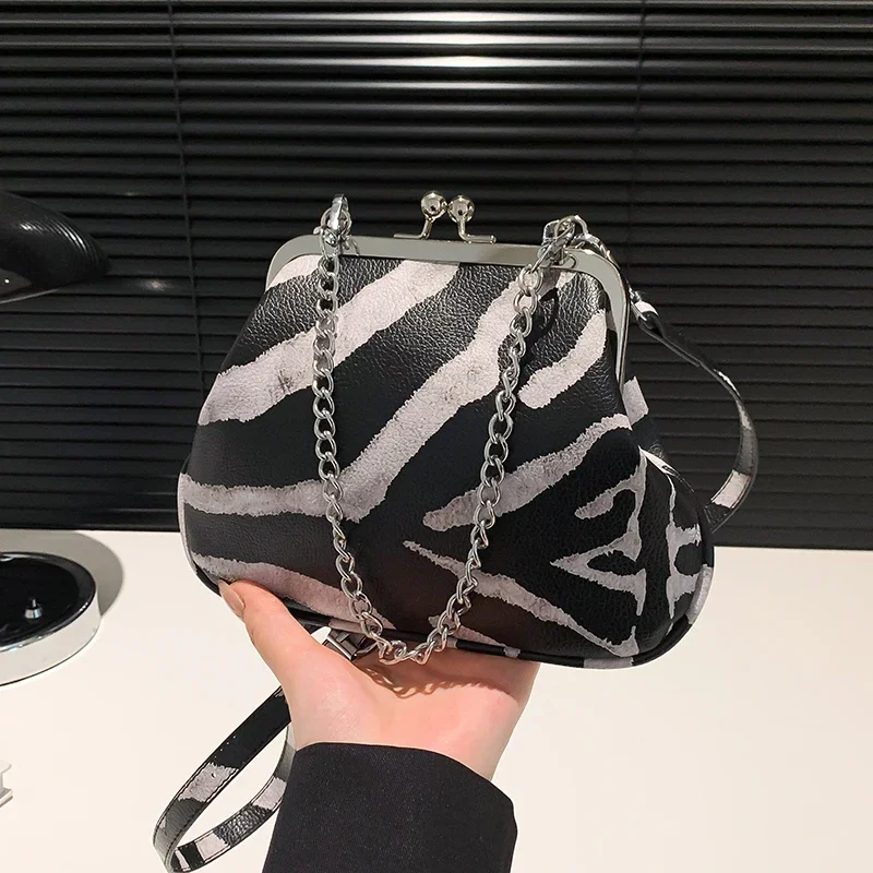 Zebra Pattern Crossbody Bag For Women Designer Shell Bag Vintage Leopard Handbag Black Pu Leather Shoulder