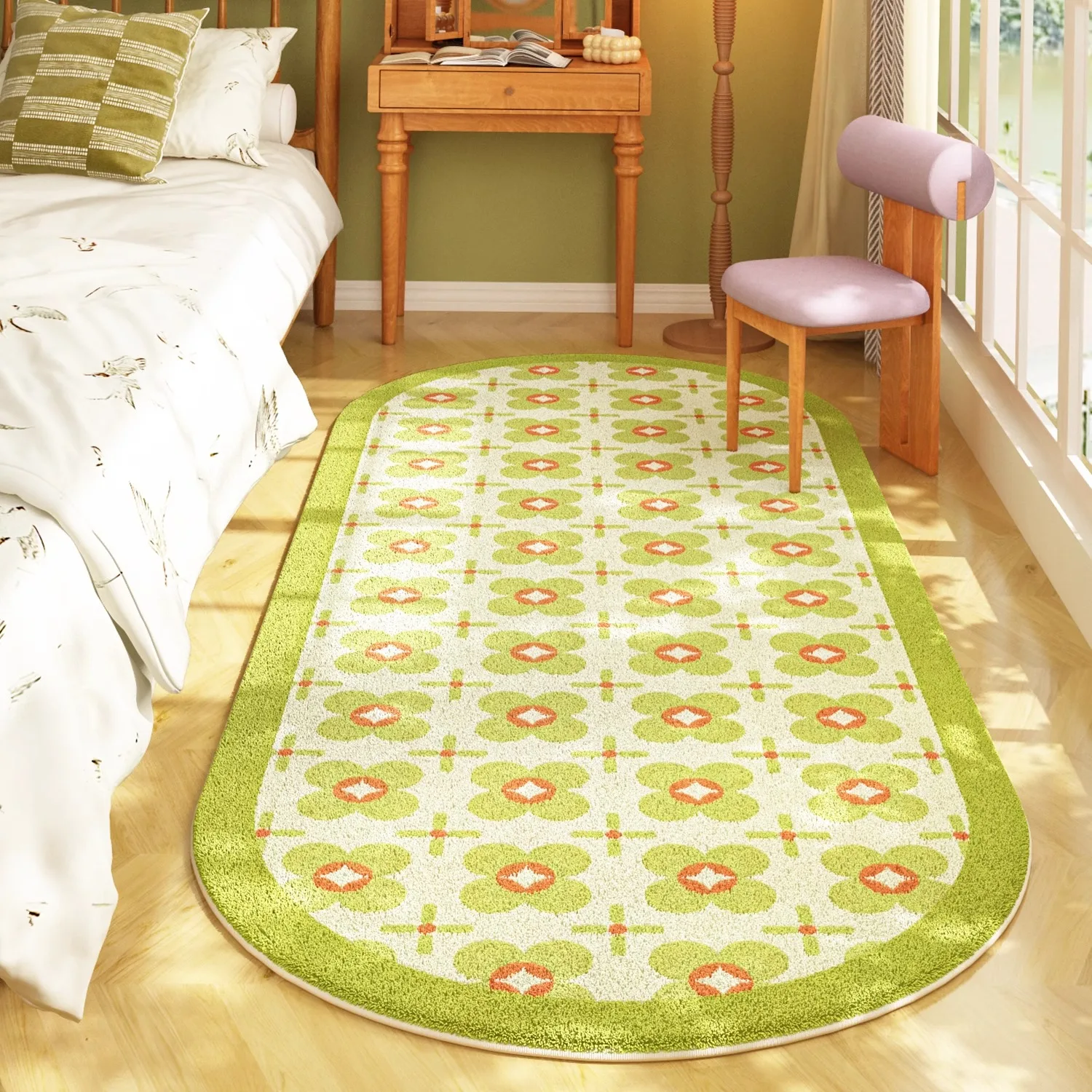 Green Floral Living Room Runner Rug Oval French Pastoral Style Girls Bedroom Plush Carpet Cute Cloakroom Corridor Soft Mat Tapis