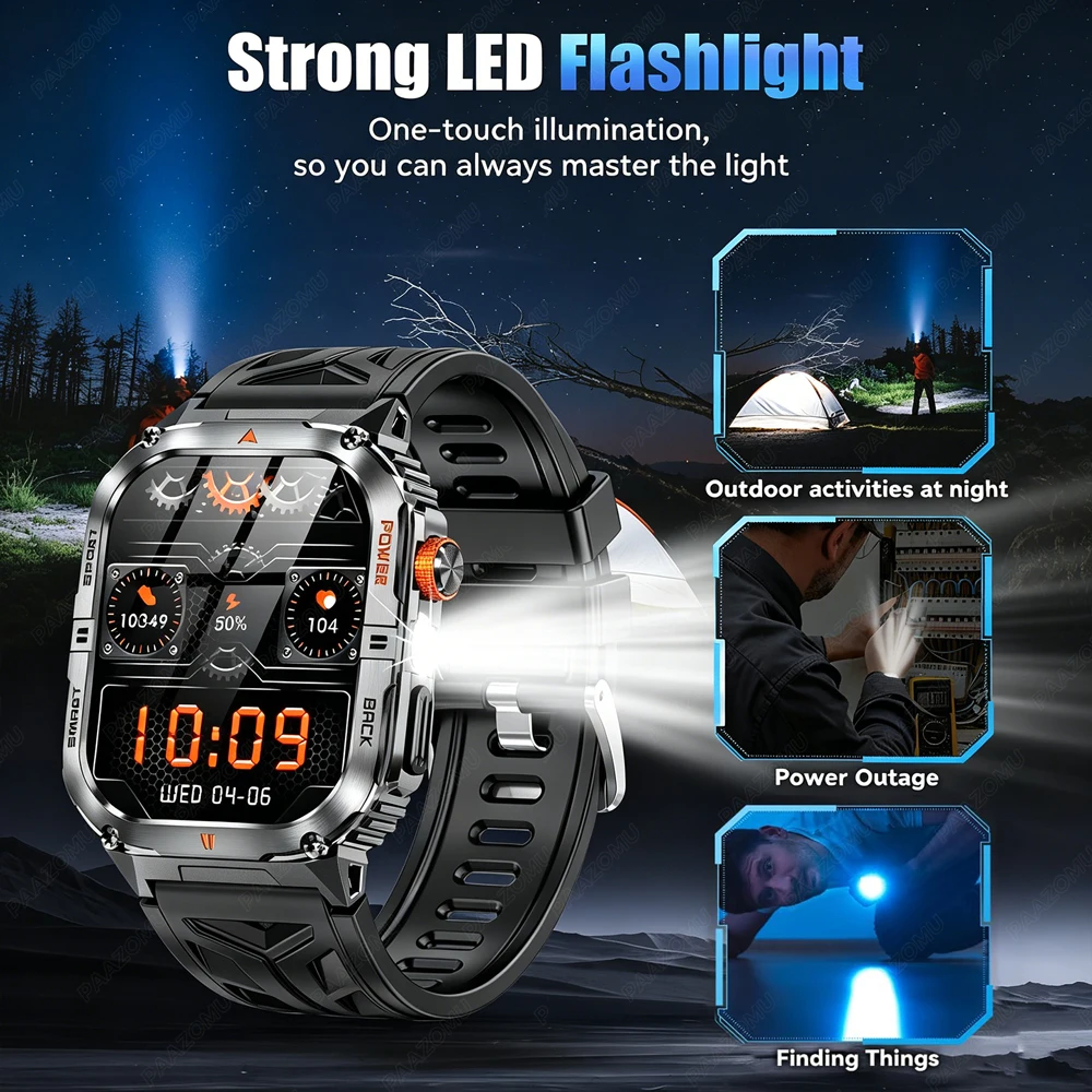남성용 밀리터리 스마트워치 1200mAh 배터리 LED 손전등 BT 통화 심박수 100+ 스포츠 모드 안드로이드/iOS용 피트니스 트래커