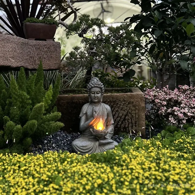 Chinese Style Garden Courtyard Layout Landscaping Buddha Sculptures Home Furnishings Solar Lights Decor Zen Outdoor Ornament 1Pc