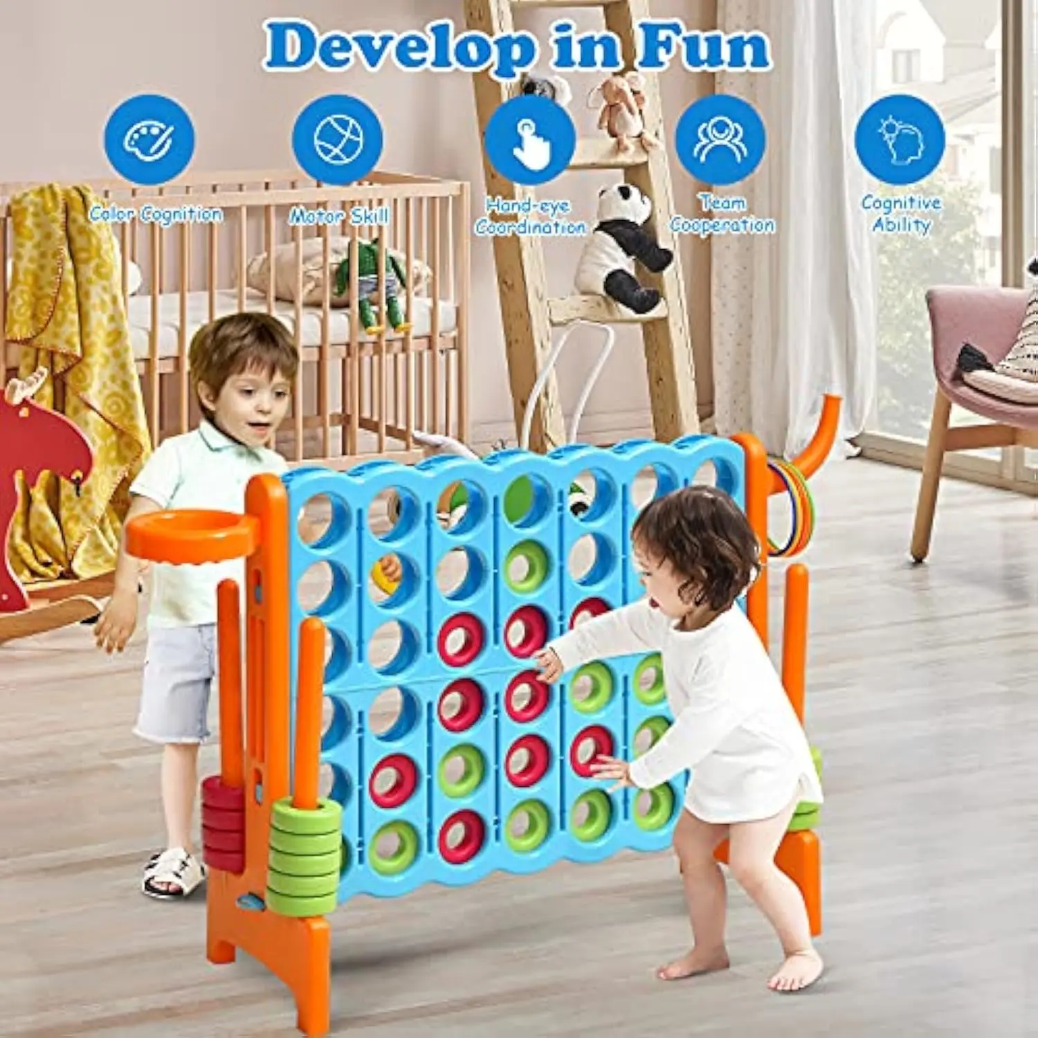 4-in-A-Row, Jumbo 4-to-Score Giant Game w/Basketball Hoop, Ring Toss, 42 Jumbo Rings without carrying bag Connect Game for Kids