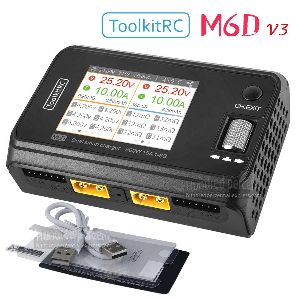 ToolkitRC M6D V3 Зарядное устройство черного цвета постоянного тока 500 Вт Интеллектуальный двухканальный 1S 2S 3S 4S 5S 6S игрушечная модель автомобиля литиевая батарея Быстрая зарядка - image 1 of 6