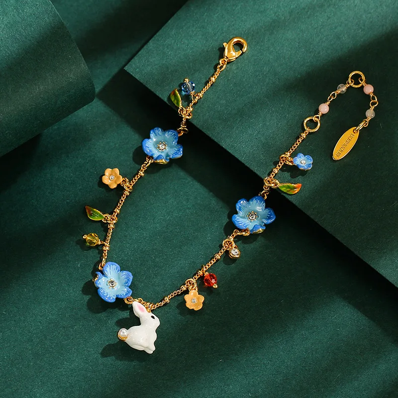 New Fashion Enamel Glaze Inlaid Blue Flower White Rabbit Multi Drop Tassel Ring Bracelet Earring Jewelry Set for Women Kids Gift