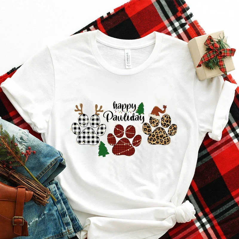 

Women Fashion Graphic T Top Short Sleeve Summer Shirt Christmas Ho Ho Ho Paw Print T-shirt Tops Christmas Tree Female Tee TShirt