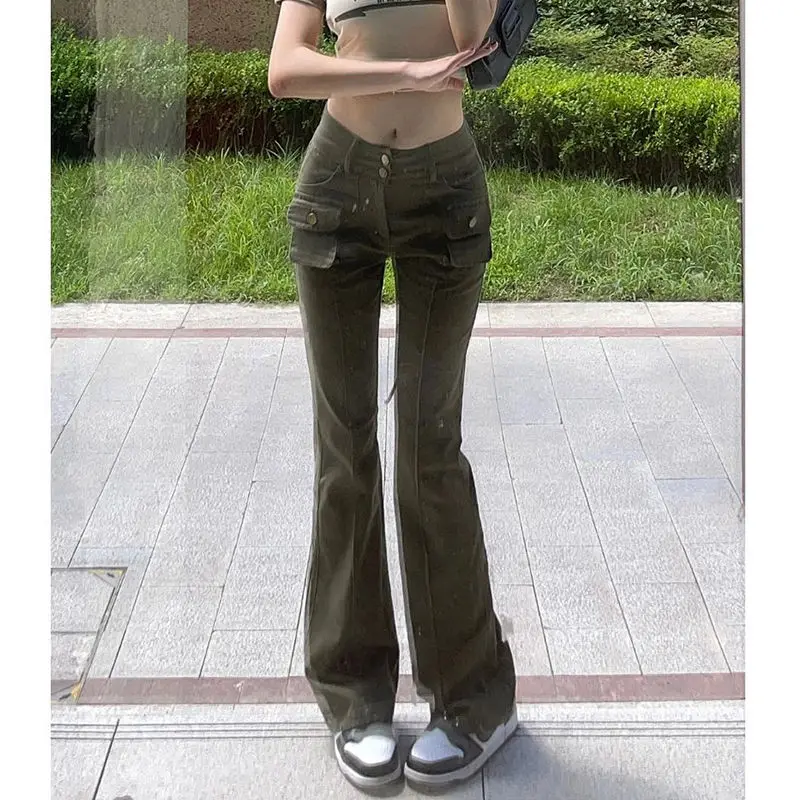 

New Fashion Design Sense Retro Niche Micro-flare Jeans Women's High Waist Slimming Design Sense Multi-pocket Overalls Trendy
