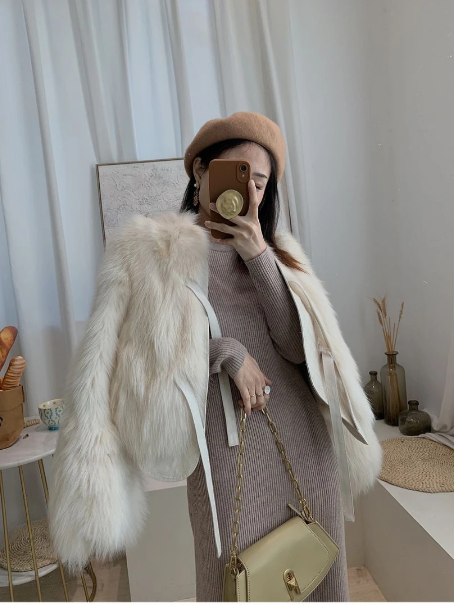 Vintage Fox Fur Coat Women Fluffy Short Faux Fur Jacket Long Sleeve Luxury Brand Clothing Warm Y2k Tops Warm Streetwear Lace-ups