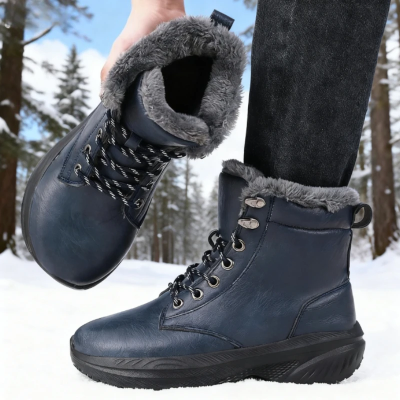 Wide Toe Shoes Snow Boots for Men Winter Fur Lined Ankle Boots Non-Slip Platform Causal Warm Shoes Lace-Up Cold Weather Boots