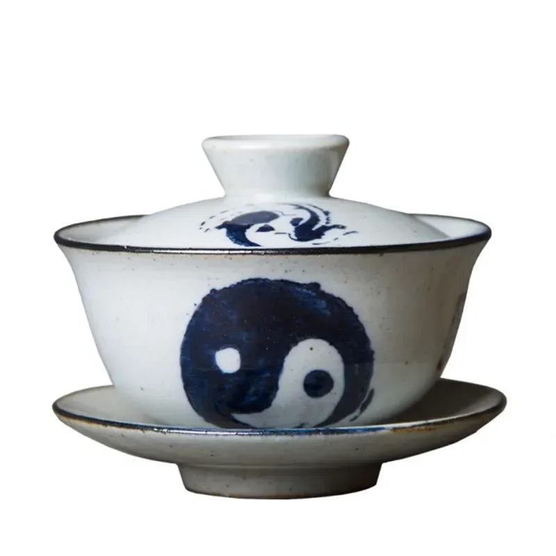 Retro Handmade Tea Bowl Jingdezhen Ceramic Gaiwan Chinese Tea Maker with Cover Teacup Tea Set Supplies Household Drinkware
