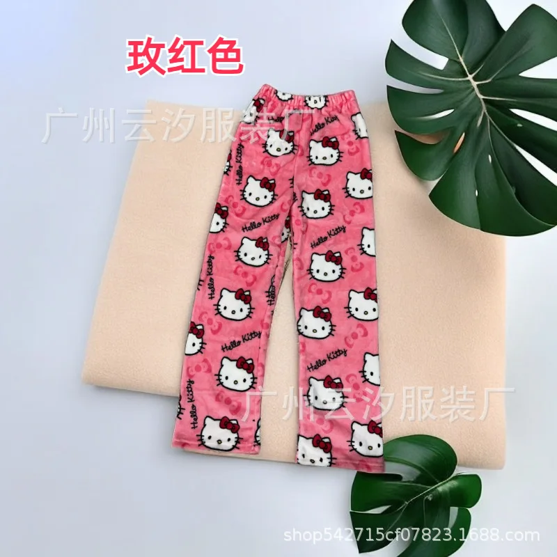 Sanrio Hello Kitty Christmas Flannel Fashion Halloween Pajamas Trouserswomen Cartoon Warm Loose Women Kawaii Home Leisure Pant 5