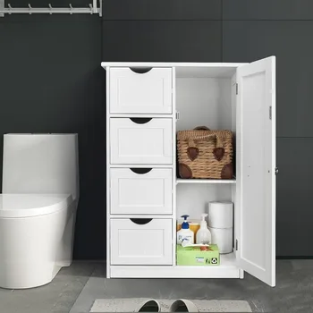 Small Storage Cabinet Wooden Bathroom Floor Cabinet Small Space Furniture White Side Storage Organizer with 4 Drawers 2