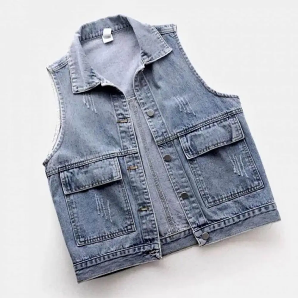 Ripped Denim Women Cowboy Waistcoat Lapel Single-breasted Street Cardigan Short Jacket Pockets Female Outerwear Chic Vest Tops elegant high street singal breasted pockets korean stylish coat female chic suit jacket design women fashion blazer versatile