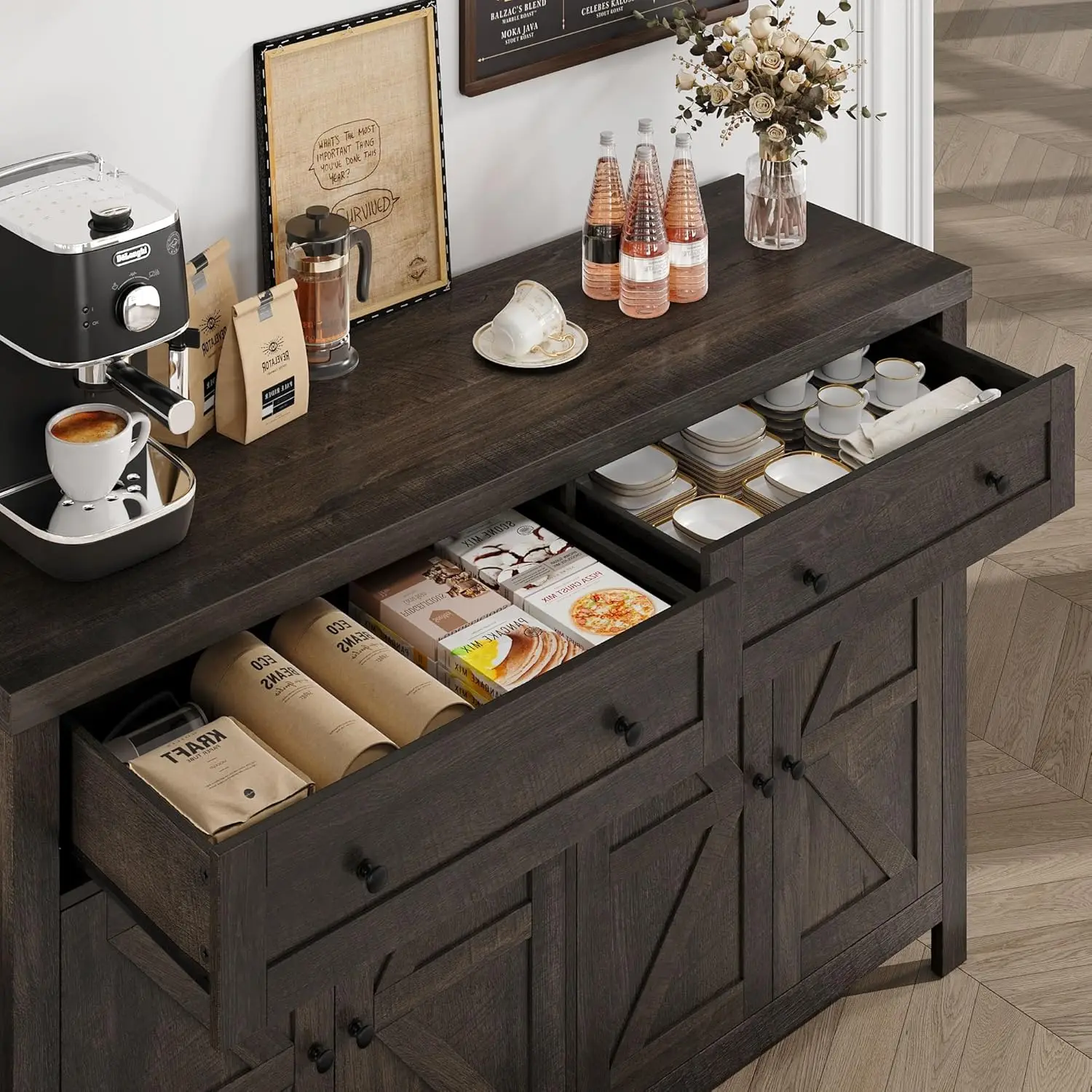 55" Buffet Sideboard Cabinet with Storage, Modern Farmhouse Coffee Bar Cabinet with Drawers and Shelves, Barn Doors Storage 5