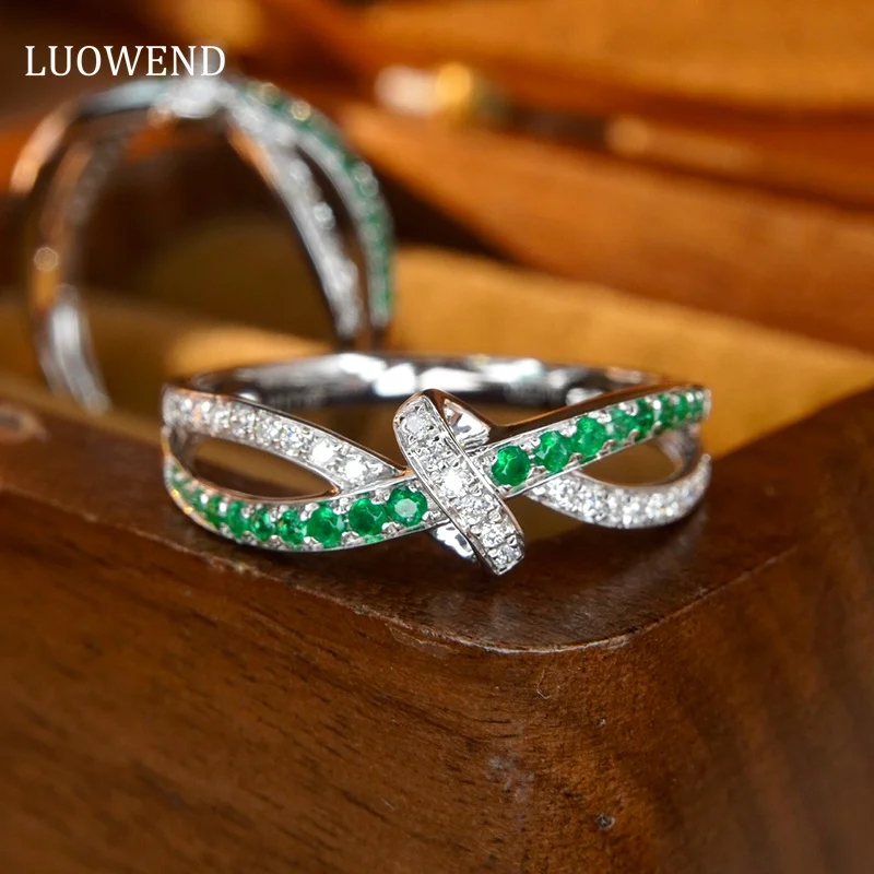 

LUOWEND 18K White Gold Rings Fashion Cross Design Real Natural Emerald and Diamond Gemstone Ring for Women High Party Jewelry