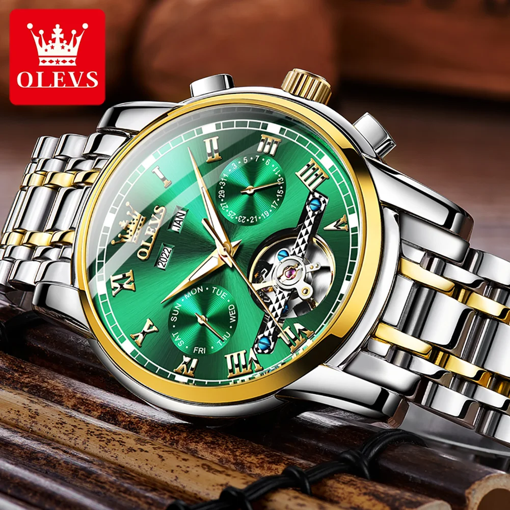 OLEVS 6607 Automatic Mechanical Watch for Men Stainless Steel Strap Waterproof Date Calendar Skeleton Wristwatch Classic