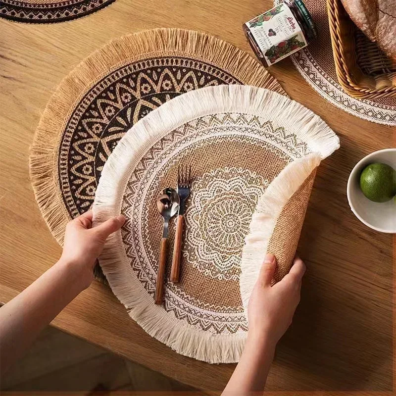 Round Placemat 15 Inch Farmhouse Woven Jute Fringe TableMats with Pompom Tassel Place Mat for Dining Room INS Table Decors