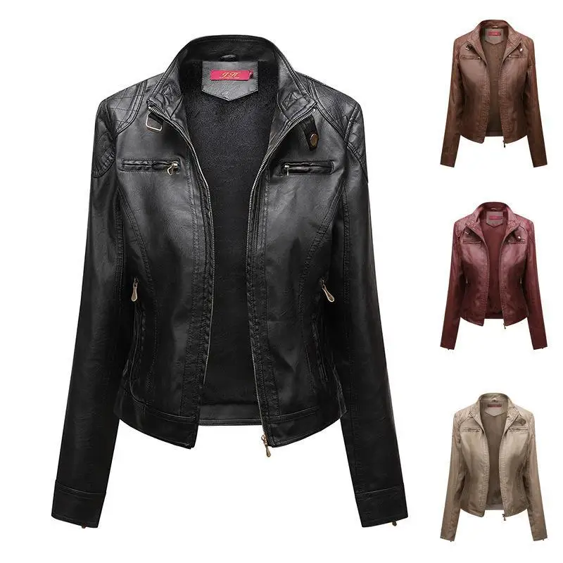 

Spring Autumn Faux Leather Jacket Women Turndown Collar Pu Slim Motorcycle Black Punk Coat Female Rivet Zipper Outerwear Q465