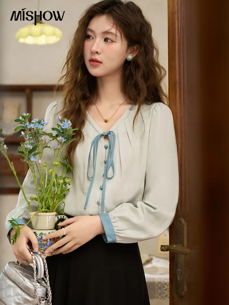 

MISHOW 2024 Spring V-neck Chiffon Shirt Women Button Up Long Sleeve Female Blouse French Lace-up Gentle Tops Ladies MXD11X1340
