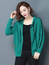 

Red Green Yellow Blue Black Grey Hooded Cardigan Sweaters Women Spring Casual Knitwear With Strip Sleeve Zipper Opening Sweater